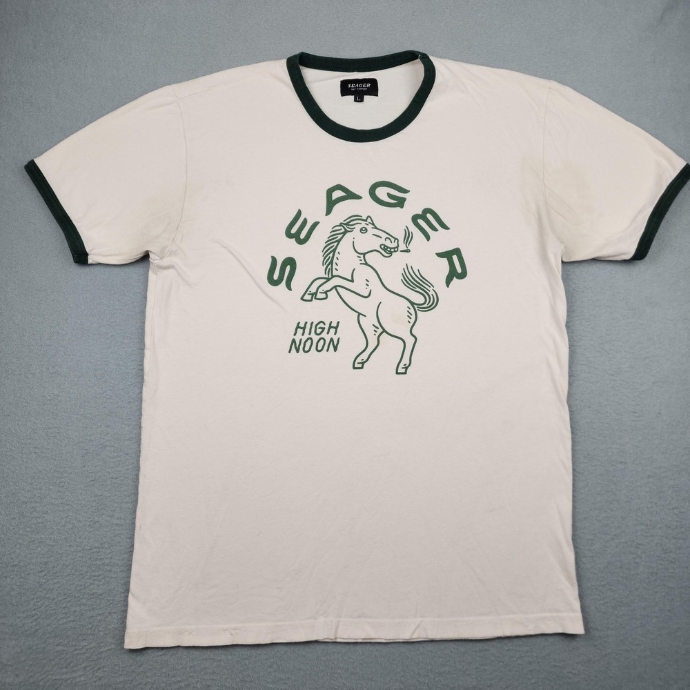Seager Shirt Mens L White High Noon Horse Ringer Graphic Tee Western Logo READ